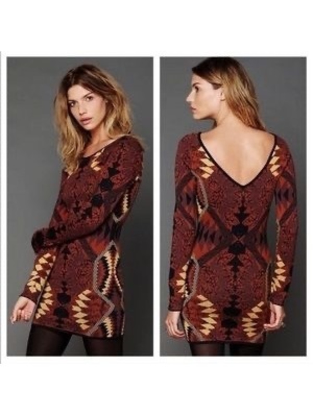 Free People Brown Orange Geometric Patterned Long Sleeve Mini Dress Medium